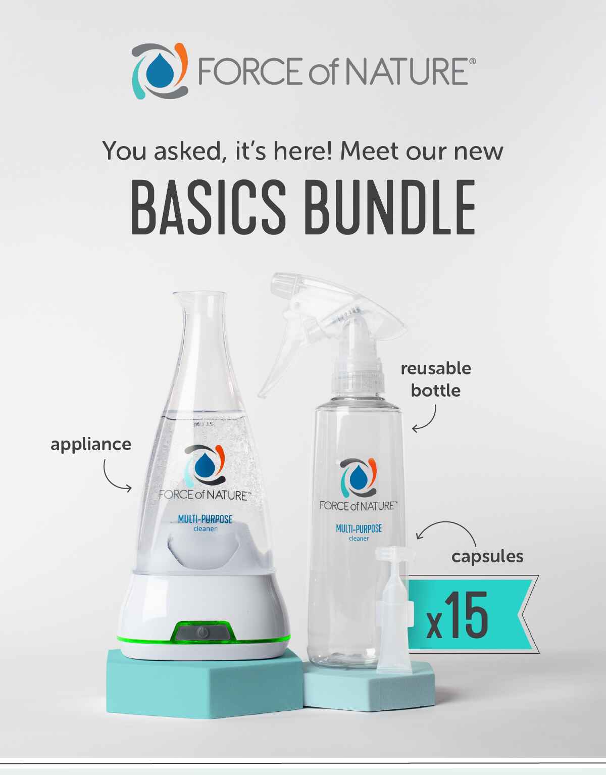 Our new Basics Bundle comes with our appliance, a reusable bottle & 15 capsules.