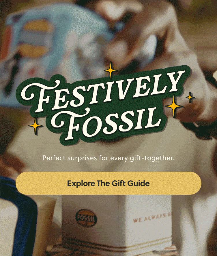 Friends celebrating the holidays and exchanging gifts with Fossil holiday tins