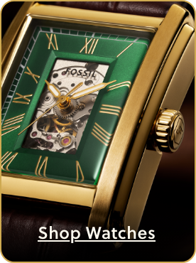 Close-up of a mens Fossil watch dial with on-image text that reads 'Shop Watches'.