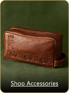 Image of mens leather travel case with in various colors with on-image text that reads 'Shop Accessories'.