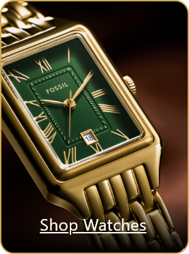 Close-up of a womens Fossil watch dial with on-image text that reads 'Shop Watches'.