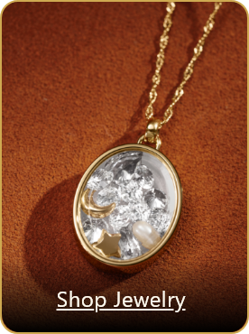 Image of a Fossil womens gold pendant necklace with on-image text that reads 'Shop Jewelry'.