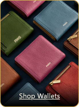 Image of multiple womens leather wallets in various colors with on-image text that reads 'Shop Wallets'.