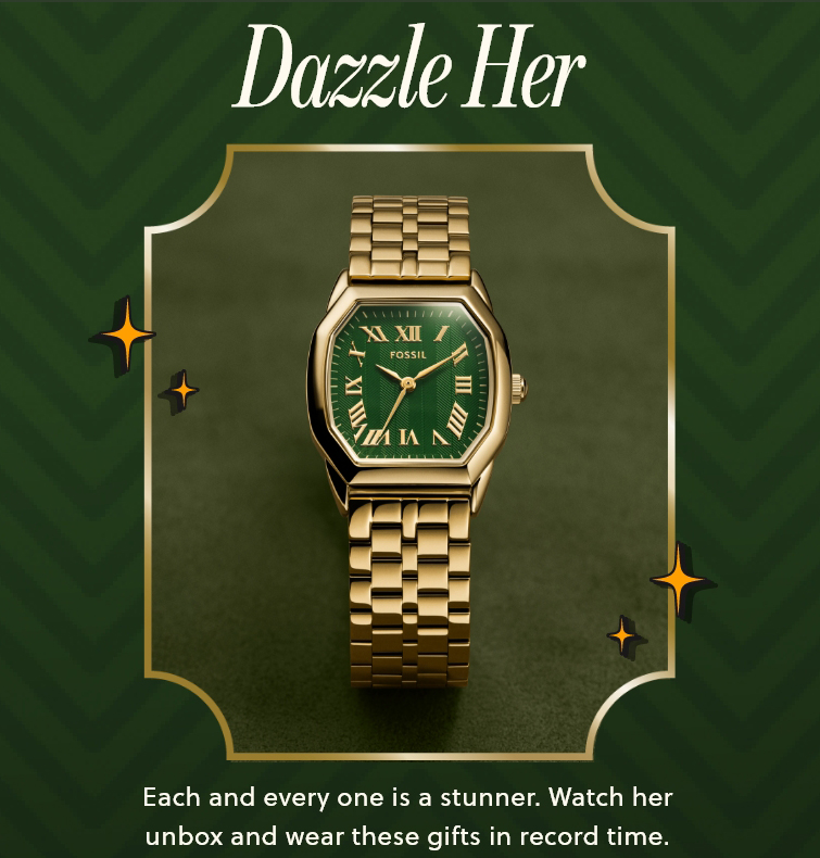 Fossil Harlow gold watch with green dial, surrounded by holiday sparkles and the text “Dazzle Her,” set against a dark festive background.