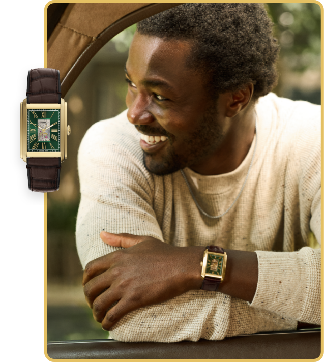 Casually style man wearing the Fossil Carraway leather watch with green dial from the green and gold capsule collection'.