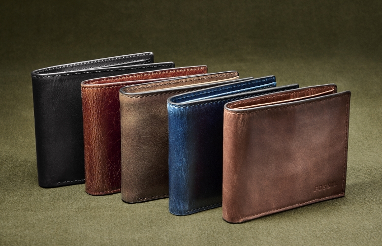 Image of multiple mens leather wallets in various colors