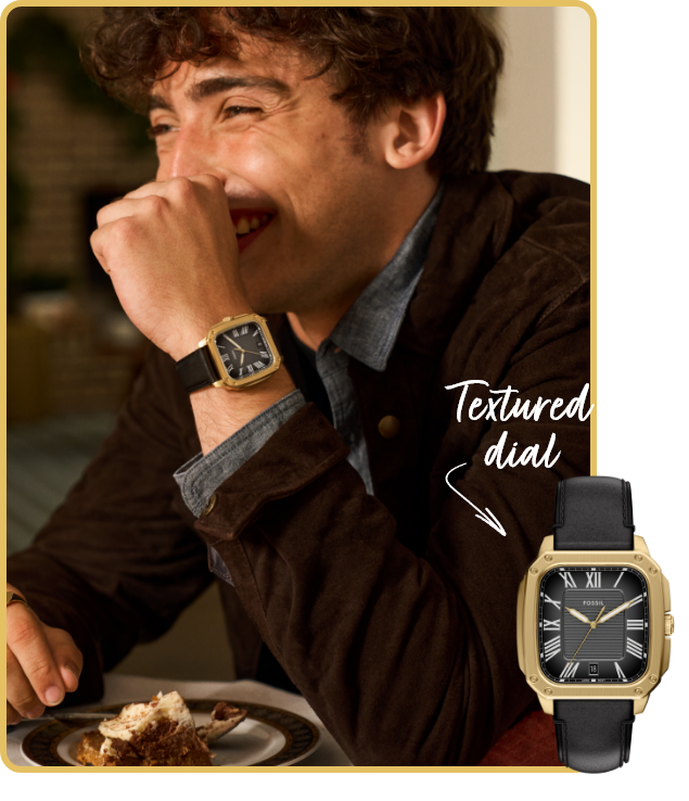 Man dressed up in the newest Fossil Crosby black leather watch with textured dial