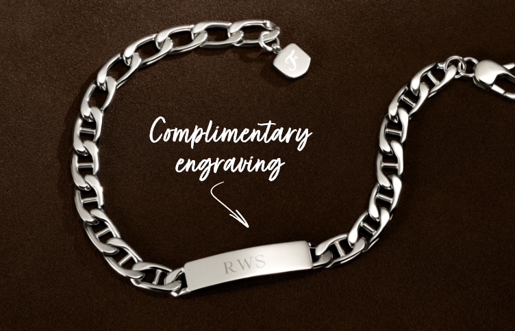 Mens silver bracelet with engraving and on-image callout reading ‘Complimentary Engraving'