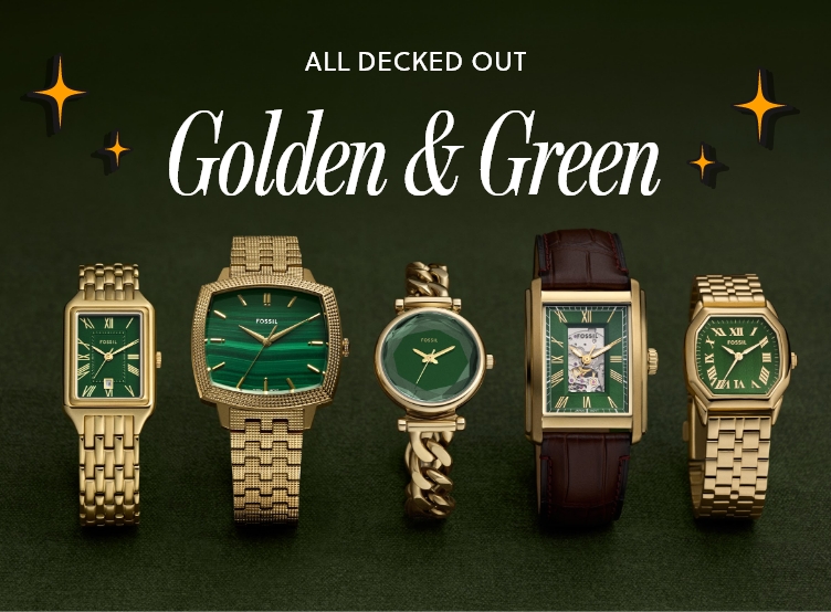 Collection of green and gold watches from Fossil’s new seasonal capsule for men and women.” set against a dark festive background