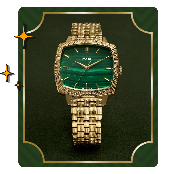 Close-up of a mens gold watch with green dial Watch