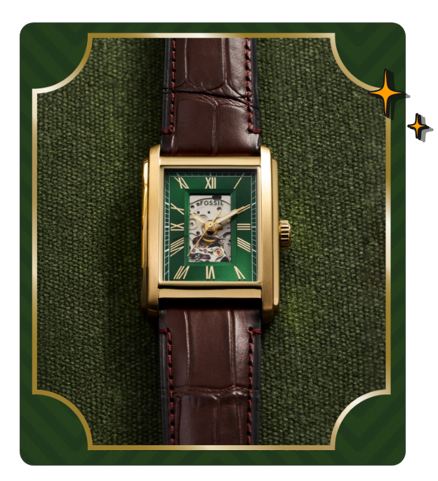 Close-up of a mens brown leather watch with green dial