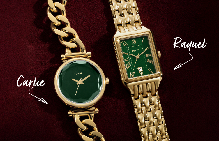 Close-up of two womens jewelry-inspired gold watches with green dials