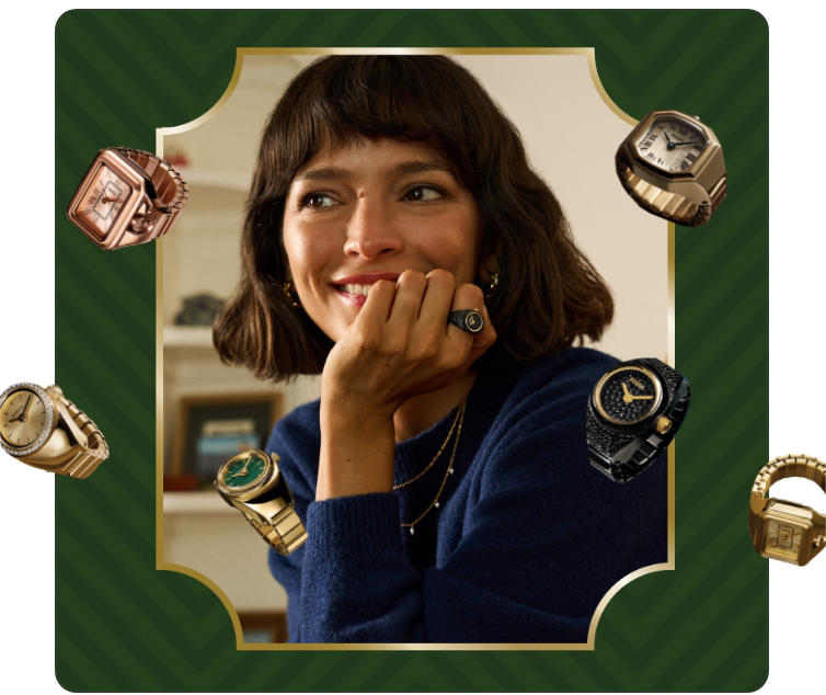 Woman in a seasonal green frame looks off happily with hand on chin, wearing a watch black and gold watch ring, surrounded by floating watch ring styles” set against a dark festive background.