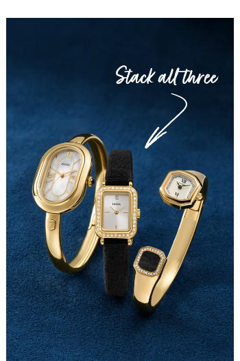 Three upright watches stacked on dark blue: gold bangles on each end, black velvet watch in center. Callout reads “Stack all three