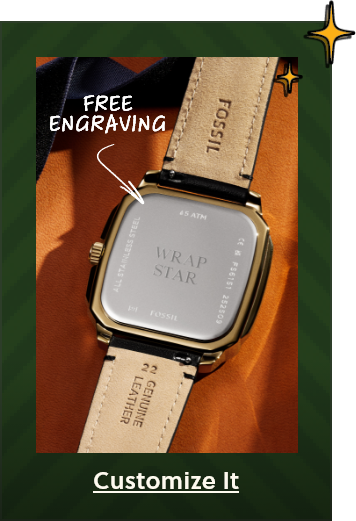 Back of a watch engraved with Wrap Star, holiday imagery, and an arrow pointing to text that says free engraving