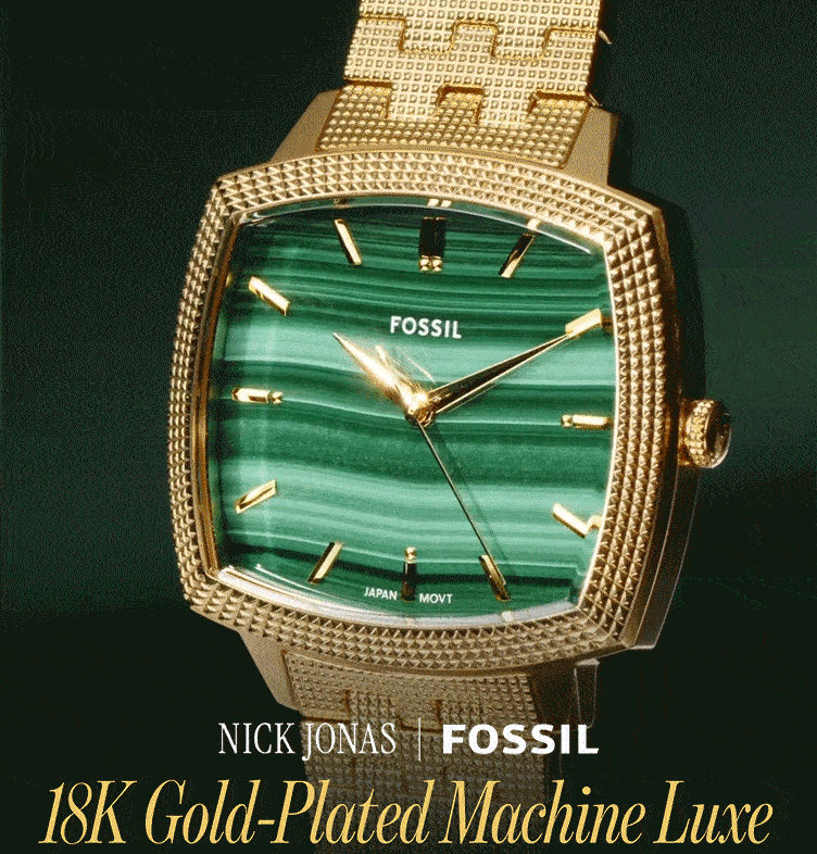 Fossil men’s 18k gold watch with green malachite dial — luxury close-up GIF showcasing the polished gold case, detailed craftsmanship, and elegant modern design” set against a dark festive background