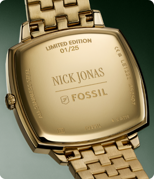 Caseback of gold Fossil x Nick Jonas watch engraved ‘Limited Edition 00/25’ and ‘All Stainless Steel