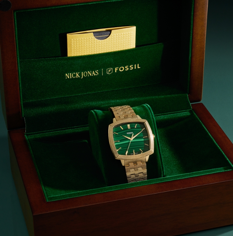 Fossil x Nick Jonas men’s 18k gold watch with green malachite dial in green velvet-lined wooden box
