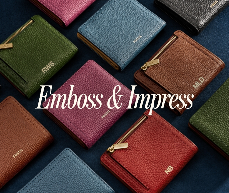 Colorful display of women’s small leather wallets with ‘Emboss and Impress’ text overlay” set against a dark festive background.