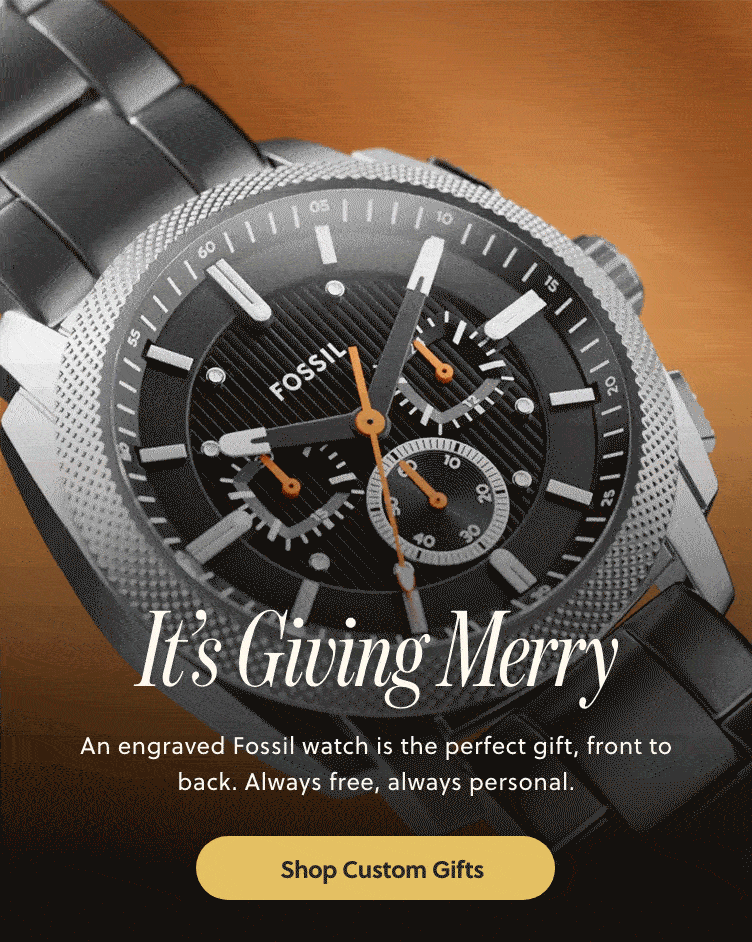 GIF of women’s Fossil gold watch with green croc leather strap, close-up from face to caseback with cute engravings and text ‘It’s Giving Merry’