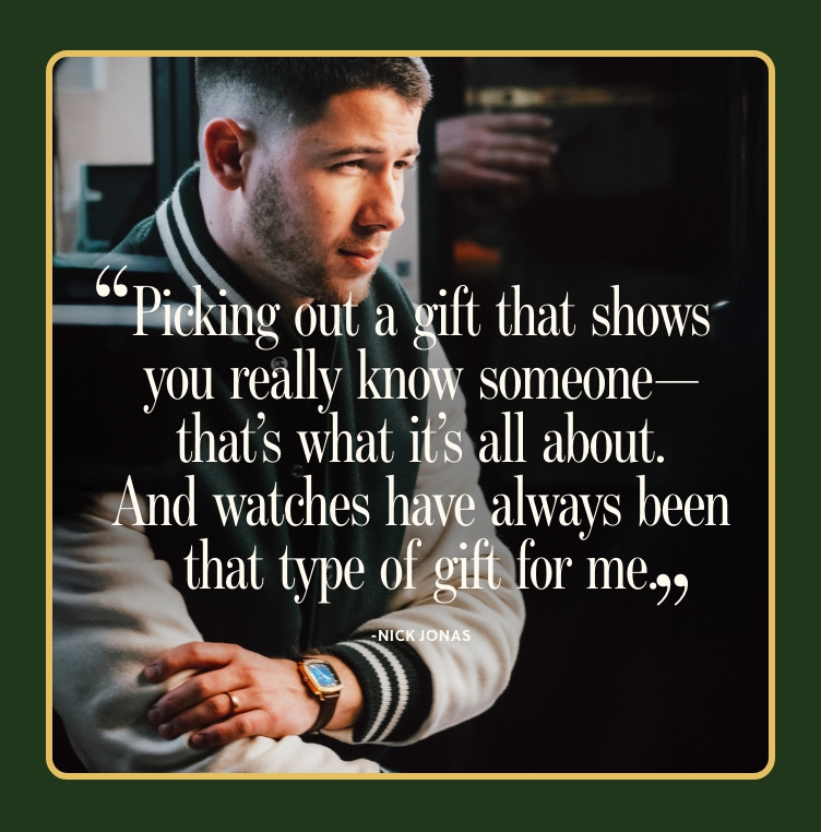Still of Nick Jonas looking off with a quote about thoughtful gifting and how watches make meaningful gifts.