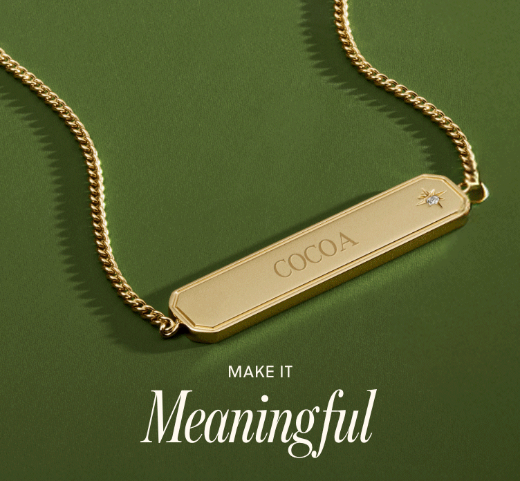 GIF showing men’s silver link bracelet with engraved nameplate and women’s gold necklace with engraved nameplate.