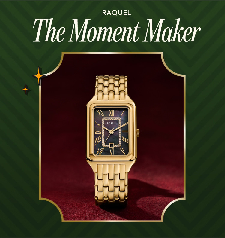 Closeup of Gold-Tone Fossil watch with black dial and roman numerals against a dark burgundy background