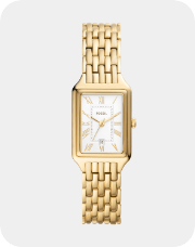 Closeup of a gold tone womens watch with white dial and roman numerals