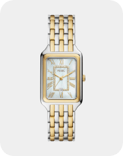 Closeup of brown leather strap womens watch with gold case and white dial with roman numeral