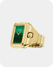 Closeup of a silver tone women's watch ring with silver dial