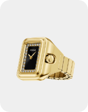 Closeup of gold tone womens watch ring with black dial and sparkle accents