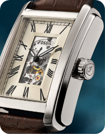 Close up Angled Shot of Mens Leather Watch with skeletonized dial