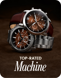 Image of 2 stacked Fossil Mens Watches in chocolate and silver tone with the text Top Rated Machine