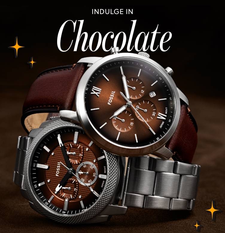 Two Fossil men’s watches with chocolate-colored dials stacked on top of each other, with the word ‘Chocolate’ displayed in text