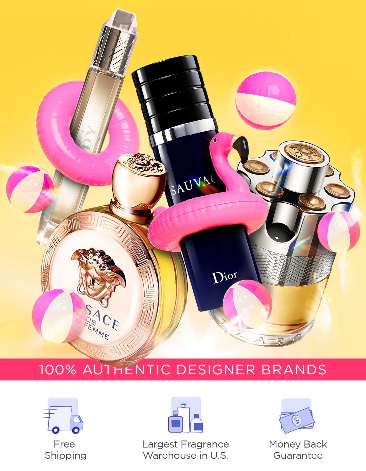 Beach balls and floaties surround popular fragrances on sale for summer savings