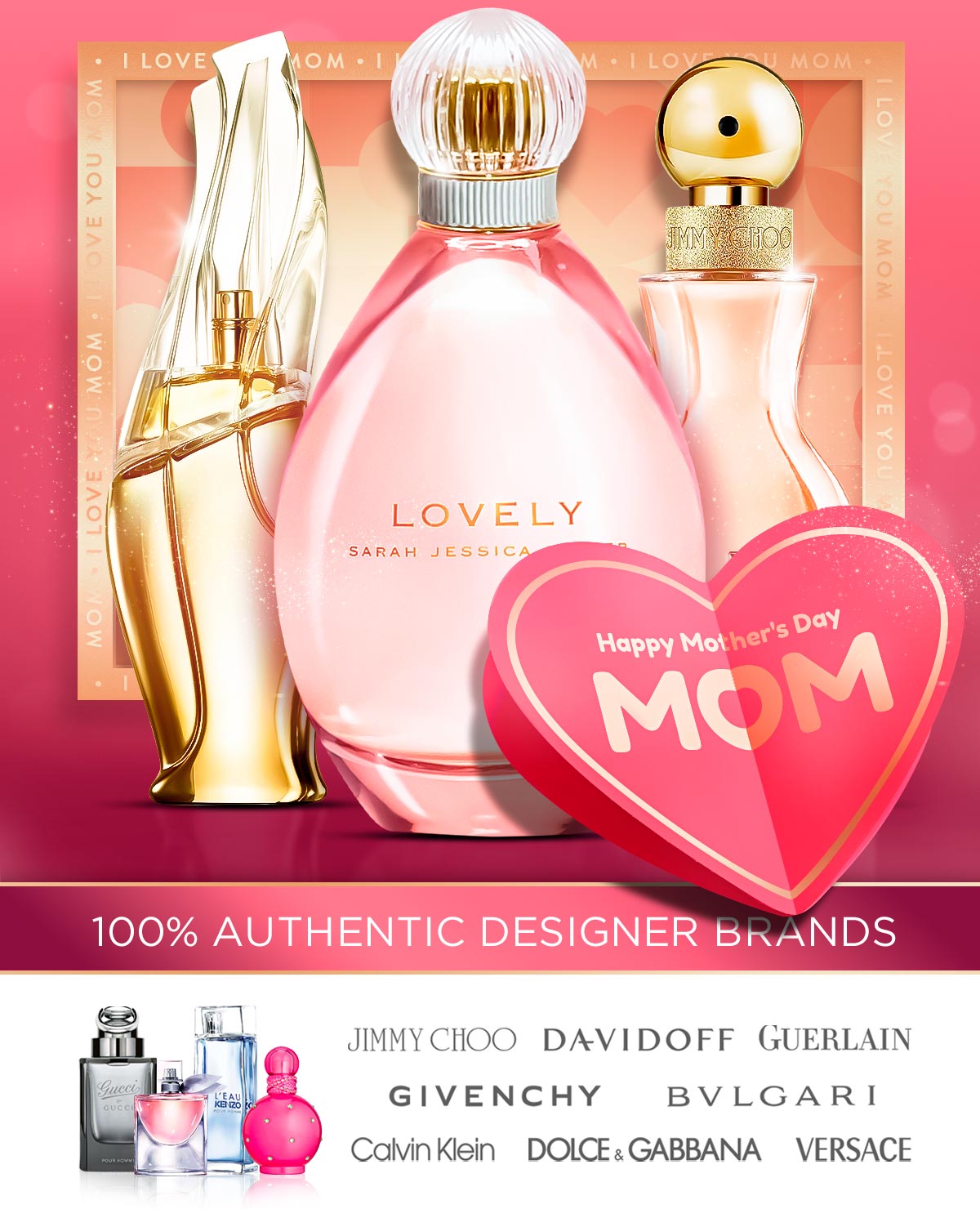 A golden frame highlights popular perfumes for Mother's Day gifts