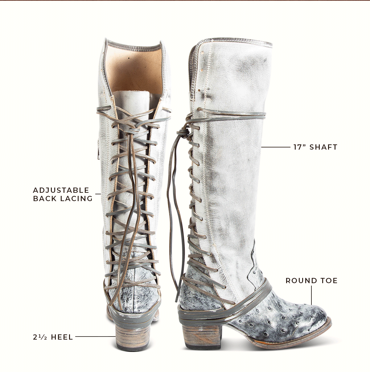 Adjustable back lacing. Round toe. 17" Shaft. 2 1/2" Heel.