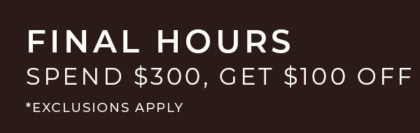 Final Hours: Spend $300, Get $100 Off. Exclusions Apply.
