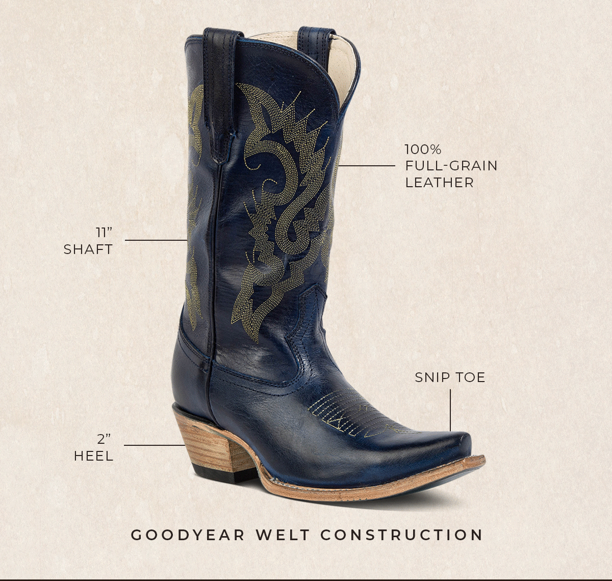 11" shaft, 100% full-grain leather, 2" heel, snip toe