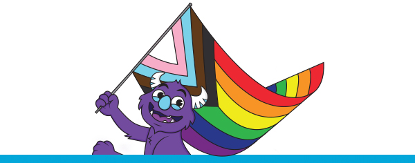 The purple FUN.com monster waving a pride flag