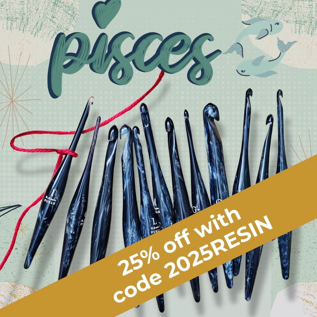 Pisces crochet hooks - navy blue hooks on a sage green background with text "pisces" and a pisces fish graphic. Banner: 25% off with code 2025RESIN