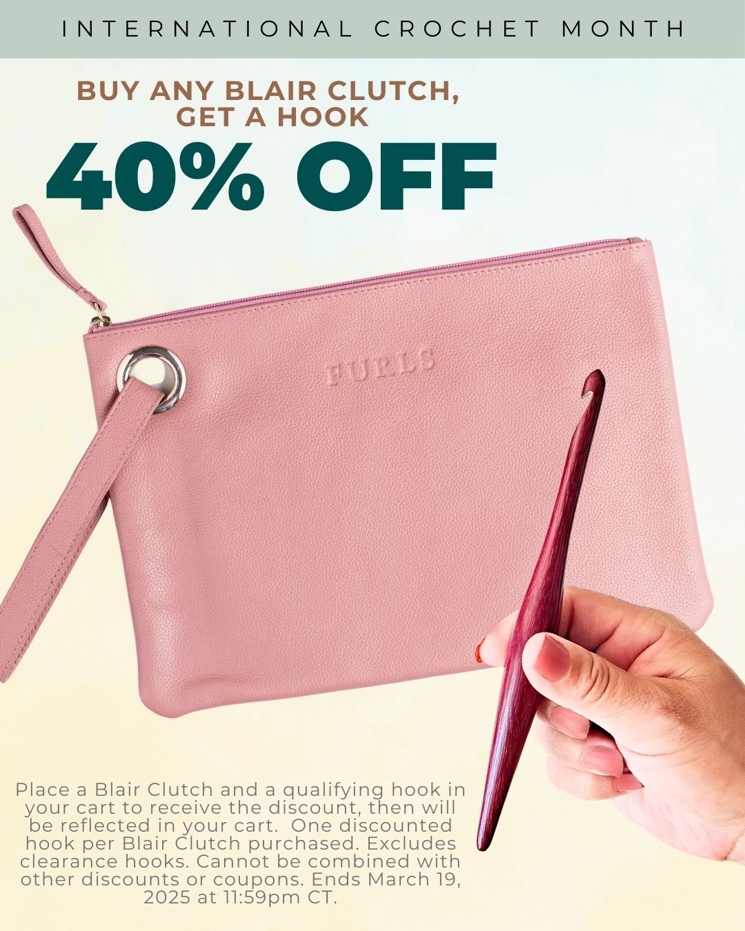 Buy any blair clutch get a hook 40% off. Any regular priced hook, including Alpha. No code needed, just put both items in cart. Ends March 19, 2025 at 11:59pm CT.