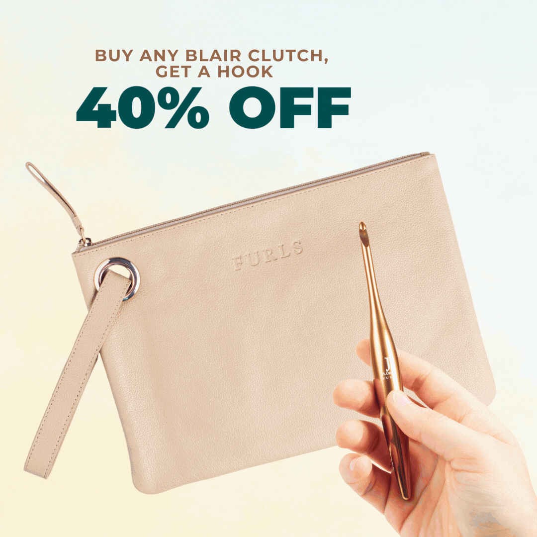 International Crochet Month: Buy any Blair Clutch, get a Hook 40% off. Animated gif featuring blair leather clutches in different colors, rotating with hands holding hooks in different colors