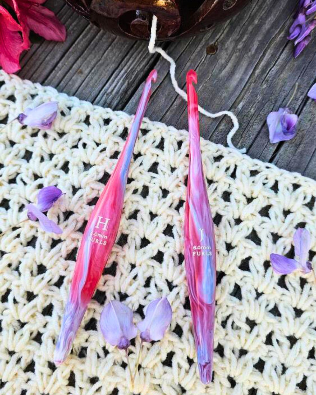 2 Hibiscus Hooks on a Crochet Swatch