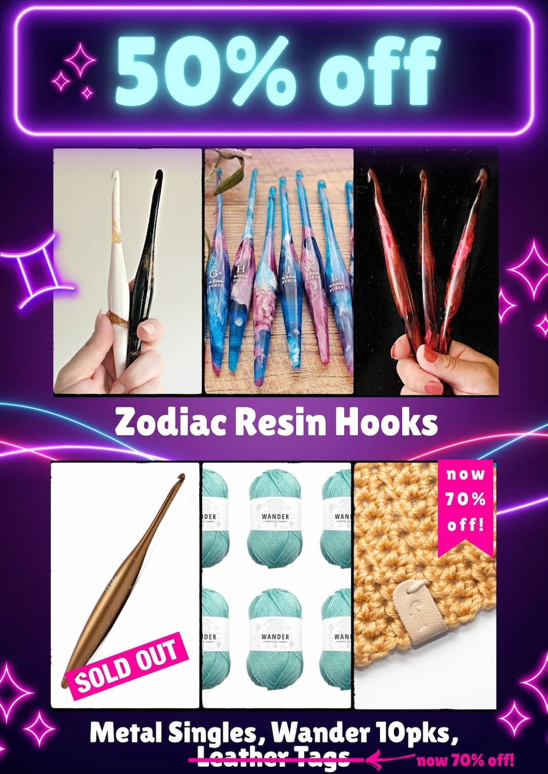 50% off- Birthday Sale - zodiac resin hooks & Metal singles, wander 10pks, leather tags