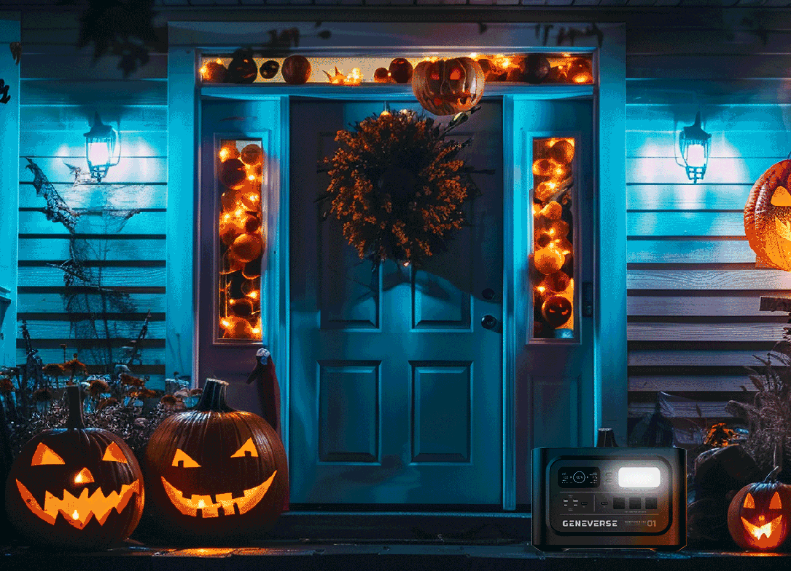 an image of a front door decorated with pumpkins for halloween