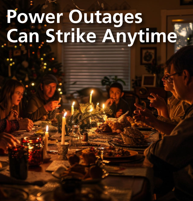 Power Outages Can Strike Anytime - a family gathers around their holiday table in the dark. Only a few candles are lit. 