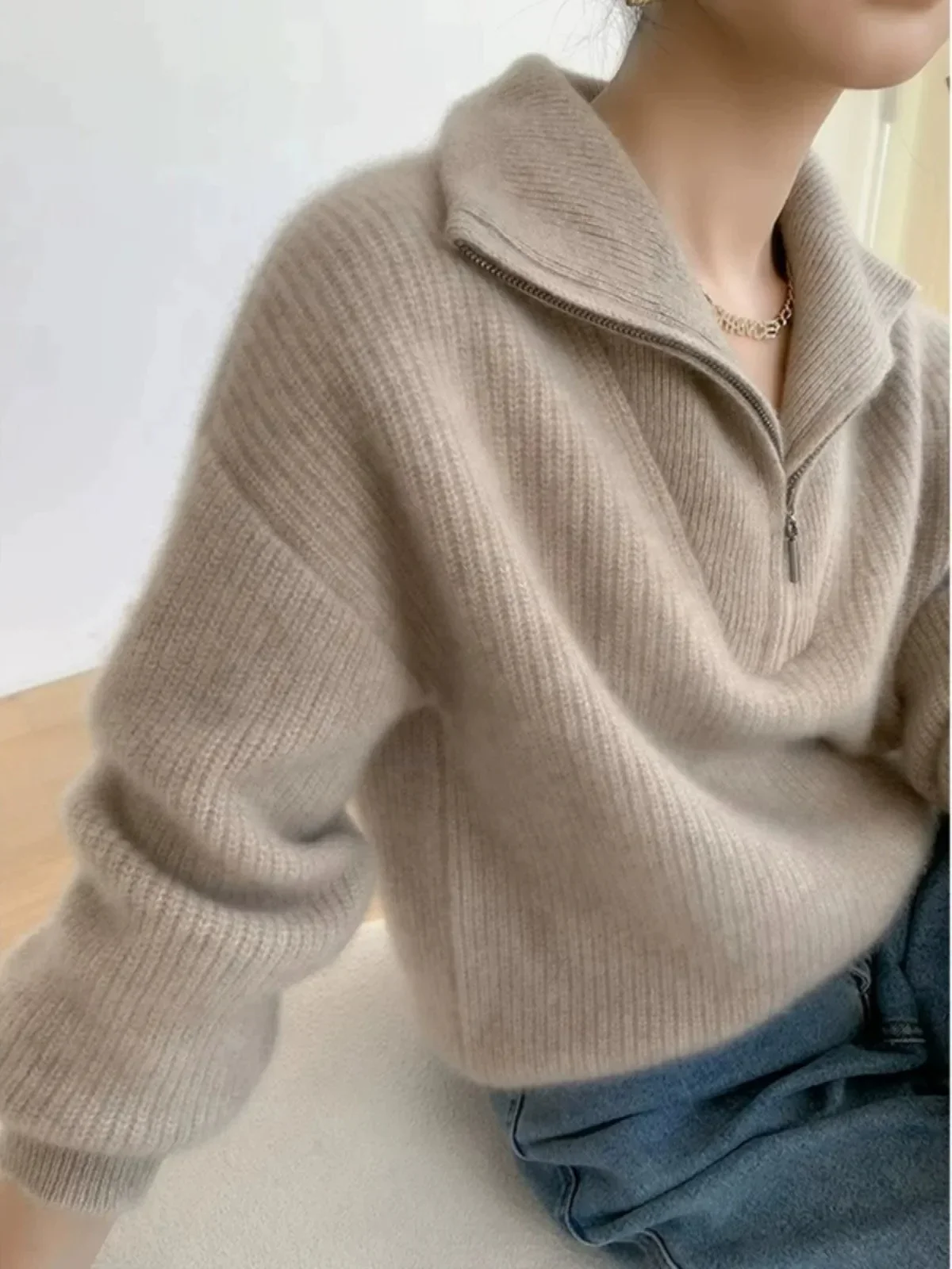 Image of Gentle Herd Lapel Zipper Cashmere Pullover
