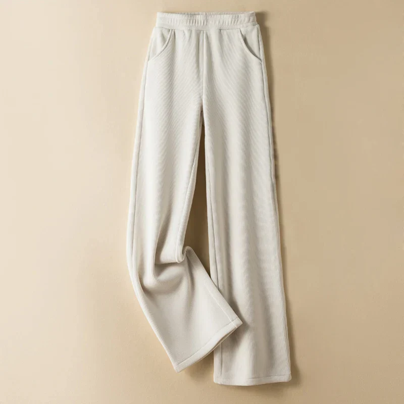 Image of Elastic Waist Corduroy Fleece Wide leg Pants