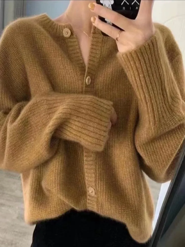 Image of Round Neck 100% Cashmere Short Cardigan